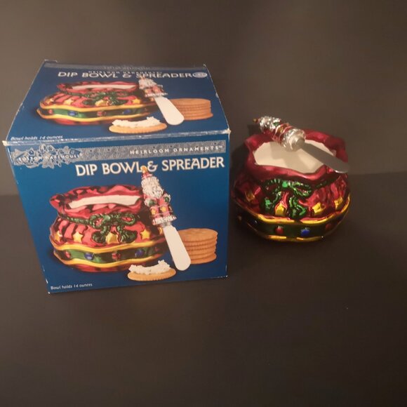 New Boston Warehouse Heirloom Ceramic Dip Bowl & Spreader 14oz Red, Green & Gold - Picture 2 of 4